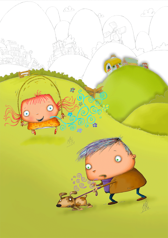 I've added two main characters to the part finished background. Just to show the client the general finished effect